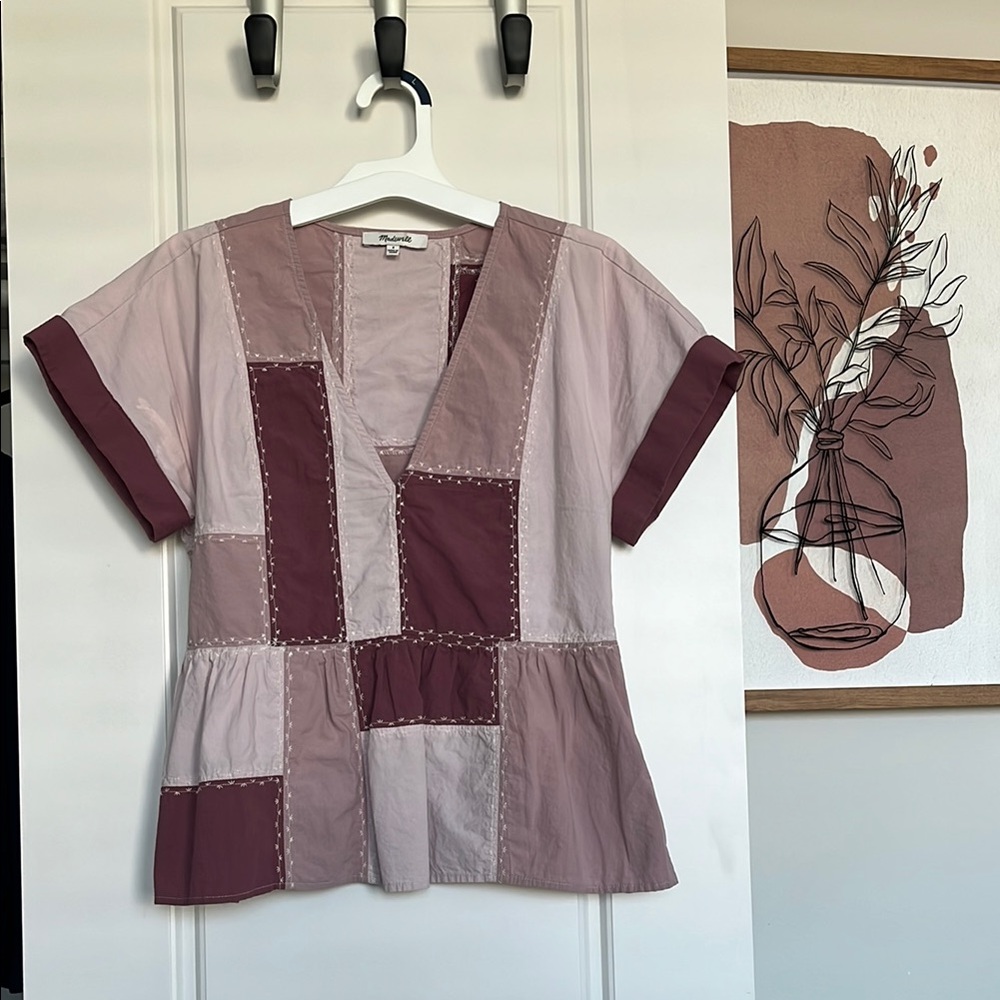 Madewell Peplum Blouse with Cuffed Sleeves in Pink and Purple